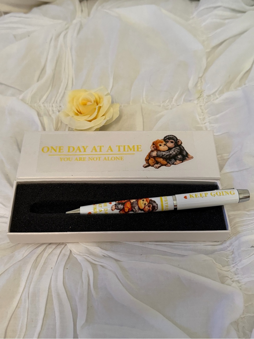 Cute Hugging Monkey Punch Ballpoint Pen White with Box With Phrase Motivational